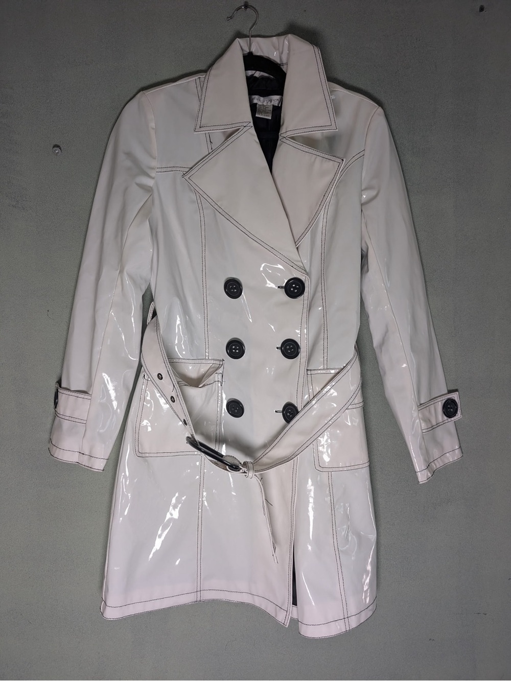 Vtg Y2K is Newport News Patent Leather Double-Breasted Trench Coat - White